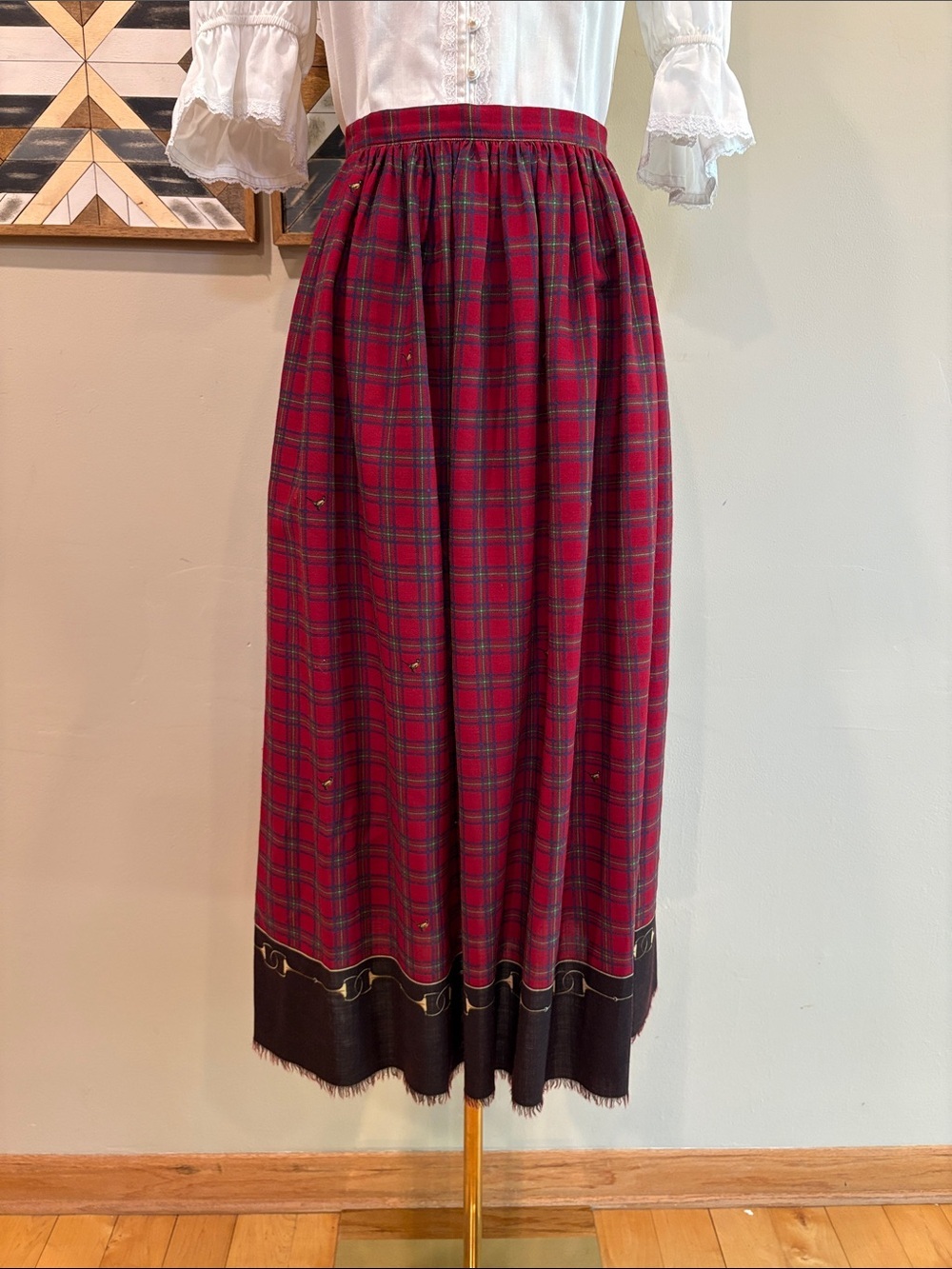 Vintage Ralph Lauren Red Plaid Wool Pheasant Equestrian Maxi Skirt Medium 12 - Picture 2 of 14